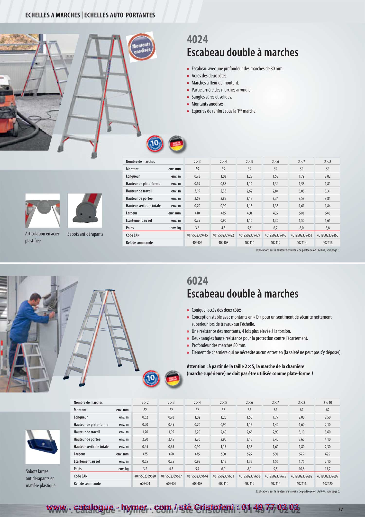 Escabeau double à marches 

– Nouvelle conception du montant en "D" pour 
-Un sentiment de sécurité nettement supérieur pour l'exécution des travaux sur 
l'échelle 
-Une résistance au gauchissement des montants, 4 fois plus élevée 
- Une réduction considérable de la propension à tourner des montants inférieurs 
– Conique, accessible des deux côtés. 
– Deux sangles à haute rigidité comme protection contre l'écartement. 
– Profondeur des marches 8 cm. 
– Élément de charnière qui ne nécessite pas d'entretien (la poussière ne peut pas 
s'y déposer). 
Attention : A partir du modèle 6024/2x5, la marche de la charnière 
(marche supérieure) ne doit pas être utilisée comme marche ! 


charnière continue 
position de transport 
avec dispositif anti-? 


Vous trouverez d‘autres escabeaux aux pages 23, 24, 34, 41, 42. 

sabots larges en matière Nouveau montant en „D“ pour 
plastique antidérapante garantir une meilleure stabilité 

S 

6024 
10 ans de garantie ! 